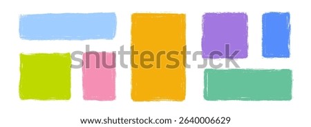 Colorful crayon text box set. Hand drawn rectangle sticker shape collection. Rough edge geometric patch pack. Playful doodled borders and frames. Vector bright painted elements for collage, banner
