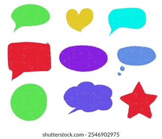 Colorful crayon textured shapes collection with speech bubbles and geometric forms, star and heart symbol. Grunge border with hand drawn look for message frames, text box and social media design.