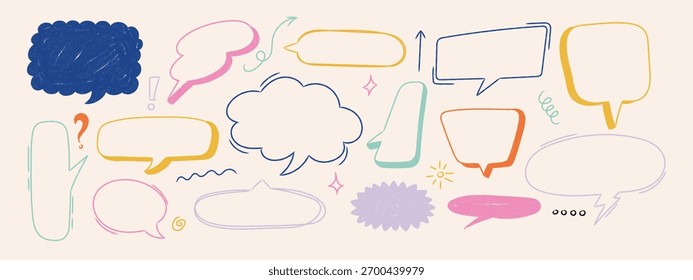 Farbige Buntstifte strukturierte Sprechblasen gesetzt. Handgezeichnete Cartoon Dialog Wolken und Comic-Sprechblasen. Vektordoodle-Rahmen.