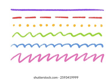 Colorful crayon underline set - purple line, red dashes, yellow dots, green zigzag, blue waves, pink scribbles with textured stroke effect. Hand drawn design elements for decoration or text highlight.