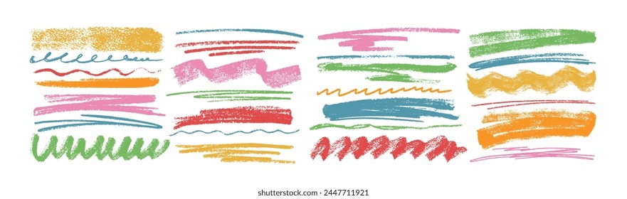 Colorful crayon underlines, scribbles or wavy brush strokes. Kids hand drawing doodle charcoal squiggles, chalk curly lines. Pencil colored strips and rough highlighters isolated on white background.