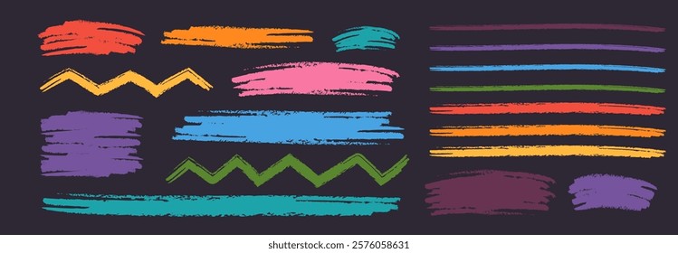 Colorful crayon underlines, scribbles, and zigzag strokes. Kids playful charcoal squiggles, chalk loops. Pencil lines and rough highlighter marks on dark background. Vector childish illustration