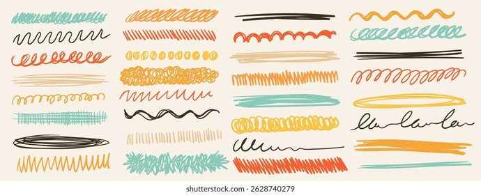 Colorful crayon underlines, wavy scribbles, chalk and brush strokes. Kids hand-draw doodles and chalk curly lines. Children pencil and marker highlighters isolated on white background. Vector set