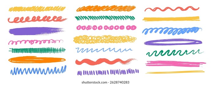 Colorful crayon underlines, wavy scribbles, chalk and brush strokes. Kids hand-draw doodles and chalk curly lines. Children pencil and marker highlighters isolated on white background. Vector set
