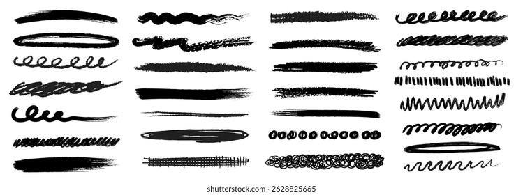Colorful crayon underlines, wavy scribbles, chalk and brush strokes. Kids hand-draw doodles and chalk curly lines. Children pencil and marker highlighters isolated on white background. Vector set