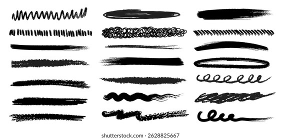 Colorful crayon underlines, wavy scribbles, chalk and brush strokes. Kids hand-draw doodles and chalk curly lines. Children pencil and marker highlighters isolated on white background. Vector set