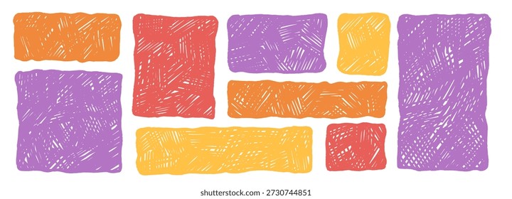 Rectángulos coloridos dibujados con crayones con bordes ondulados irregulares. Colección lúdica de cuadros de texto abstractos y rótulos perfectos para proyectos creativos y gráficos doodle. Formas de Vector para niños aisladas sin bg.