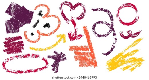 Colorful crayons brush collection. Doodle shape, children design, hand drawing art. Vector illustration