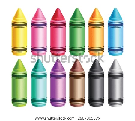 Colorful crayons elements clipart set. 3d wax crayons for school drawing art materials clip art collection multicolored realistic tool elements vector illustration.
