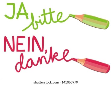 colorful crayons green yes please ja bitte red no thanks nein danke german text cartoon style illustration of negation and acceptance on white background