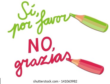 colorful crayons green yes please si por favore red no thanks no grazias spanish text cartoon style illustration of negation and acceptance on white background