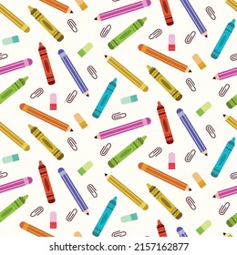 Colorful crayons, pencils, paper clip and eraser seamless pattern on white background. For school posters , wrapping paper and stationary 