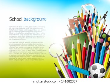 Colorful crayons with school supplies - vector background with copyspace