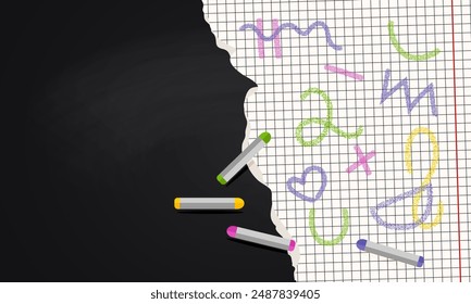 Colorful Crayons and Scribbles on Torn Graph Paper school Background