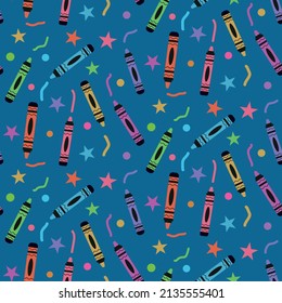 Colorful crayons seamless pattern with stars, brush strokes and dots on blue background.   For  school projects , stationary , notebook covers  and wrapping paper 