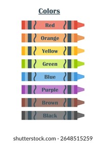 Colorful crayons set with labels. Educational illustration for kids showing basic colors: red, orange, yellow, green, blue, purple, brown, and black. 