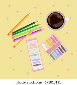 Colorful crayons top view background Vector illustration