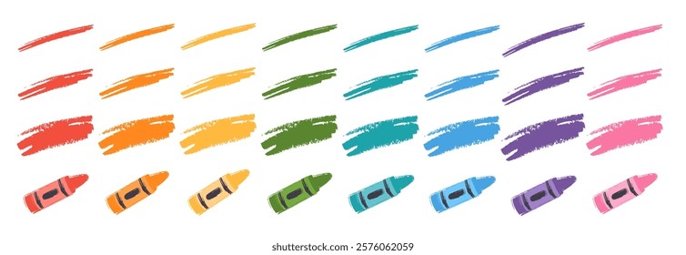 Colorful crayons and underlines, scribbles brush strokes. Kids hand drawn doodle set with charcoal squiggles, chalk lines. Pencil colored strips and rough highlighters isolated on white background