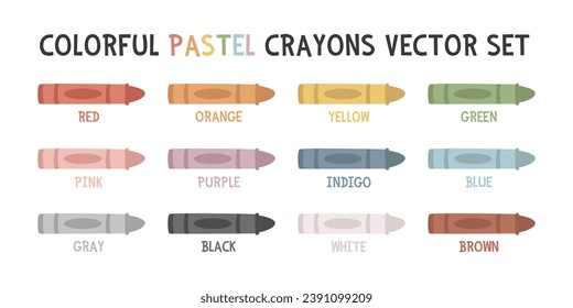 Colorful crayons vector set. Pastel colors clipart cartoon style, crayon set vector illustration. Red, orange, yellow, green, blue, indigo, purple, pink, gray, black, white, brown, grey. Kids learning