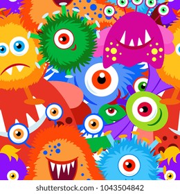 Colorful crazy cartoon monster seamless pattern. Background, fabric, wrapper, backdrop.Vector file not cropped -  clipping mask used for easy editing