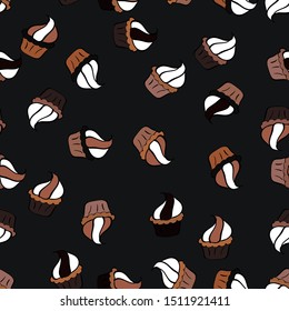Colorful cream dessert backdrop on black, brown and gray. Vector. Texture for prints, decorations, fabric. Muffin sweet texture background. Cupcake seamless pattern.