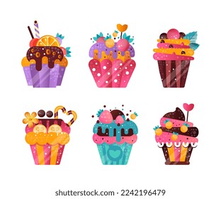 Colorful Creamy Cupcakes with Fruit and Chocolate Topping and Sprinkles Vector Set