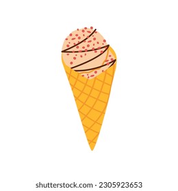 Colorful creamy ice cream in a waffle cone with chocolate syrup vector illustration. Color minimalistic summer illustration. Ideal for stickers, pettrns and web.