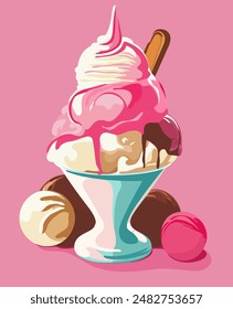 Colorful creamy sundae ice cream in a glass bowl. Chocolate, vanilla and strawberry icecream balls with sweet topping sauce. Gelato on a bright pink background. Cartoon flat illustration.