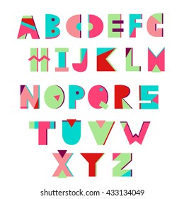 Colorful creative alphabet. Geometric letters. Summer alphabet. Vector. Memphis style.