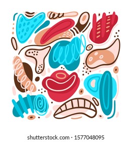 Colorful creative background with hand drawn abstract shapes and stains. Spotted figures. Unique design. Modern art. Freehand style. Vector illustration