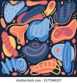 Colorful creative background with hand drawn abstract shapes and stains. Spotted figures. Unique design. Modern art. Freehand style. Vector illustration