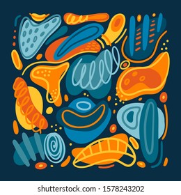 Colorful creative background with hand drawn abstract shapes and stains. Spotted figures. Unique design. Modern art. Freehand style. Poster, card, cover, invitation, banner, tag. Vector illustration
