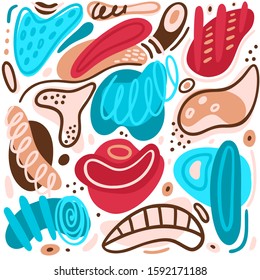 Colorful creative background with hand drawn abstract shapes and stains. Spotted figures. Unique design. Modern art. Freehand style. Poster, card, cover, invitation, banner, tag. Vector illustration