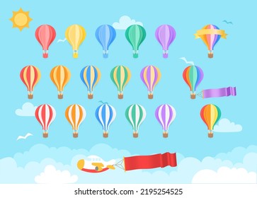 Colorful Creative Balloons Paper Cut and Craft Style Design for Decoration. Travel, Fun and Adventure Concept.  Ribbon, Flag and Speech bubble Place for Text. Fluffy Clouds on Blue Sky Background.