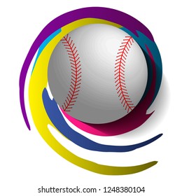 Colorful creative baseball game design element with ball on modern backdrop.