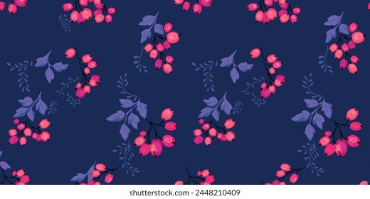 Colorful creative branches of abstract cute berries with tiny leaves seamless pattern on a dark blue background. Vector hand drawn  juniper, boxwood, viburnum, barberry.Collage for designs