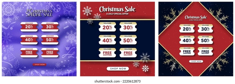 Colorful and Creative Christmas Voucher Templates and Layout. Group of Christmas Vouchers with price discount and free delivery and free shipping on blue and red background. Editable Vector Template.