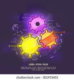Colorful creative cogwheels with different infographic elements on shiny purple background for business reports and presentation.