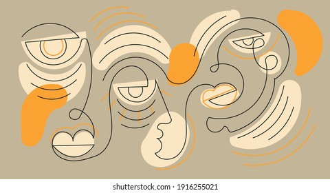 Colorful creative composition with continuous line abstract faces and shapes. 