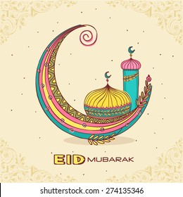 Colorful creative crescent moon with islamic mosque or masjid for muslim community festival, Eid Mubarak celebration.