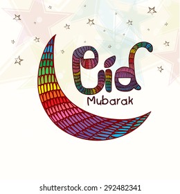 Colorful creative crescent moon on stars decorated background for muslim community festival, Eid Mubarak celebration.