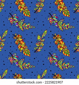 Colorful creative feather seamless pattern. Vector artistic illustration.