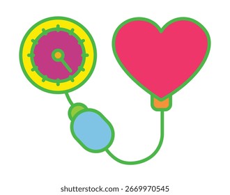 Ein farbenfrohes und kreatives flaches Vektorsymbol, das die Herz-Kreislauf-Gesundheit symbolisiert, mit einem Blutdruckmonitor mit einer großen rosa herzförmigen Manschette.