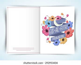 Colorful creative flowers decorated elegant greeting card design for muslim community festival, Eid-al-Fitr Mubarak celebration.