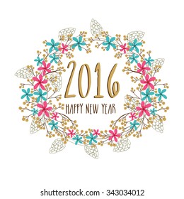 Colorful creative flowers and leaves decorated greeting card design for Happy New Year 2016 celebration.