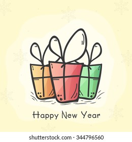 Colorful creative gifts decorated greeting card design for Happy New Year celebration.