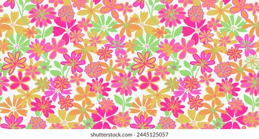 Colorful creative groovy flowers seamless pattern. Vector hand drawn sketch. Abstract cute ditsy floral printing. Template for designs, notebook cover, childish textiles, children, fabric,