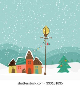 Colorful creative huts with Xmas Tree and Jingle Bells on winter background for Merry Christmas celebration.