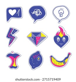 colorful creative icon set featuring abstract thought bubbles, idea symbols, social media like notification, expressive emoji elements, geometric icons, and stylized fruits