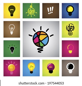 colorful creative idea bulb icons & symbols - concept vector graphic. This illustration also represents creative thinking, inventive mind, smart strategy, innovation, problem solving, etc